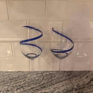 Set of 2 PIER 1 Swirline Cobalt Blown Glass Water/Wine Goblets 8 7/8